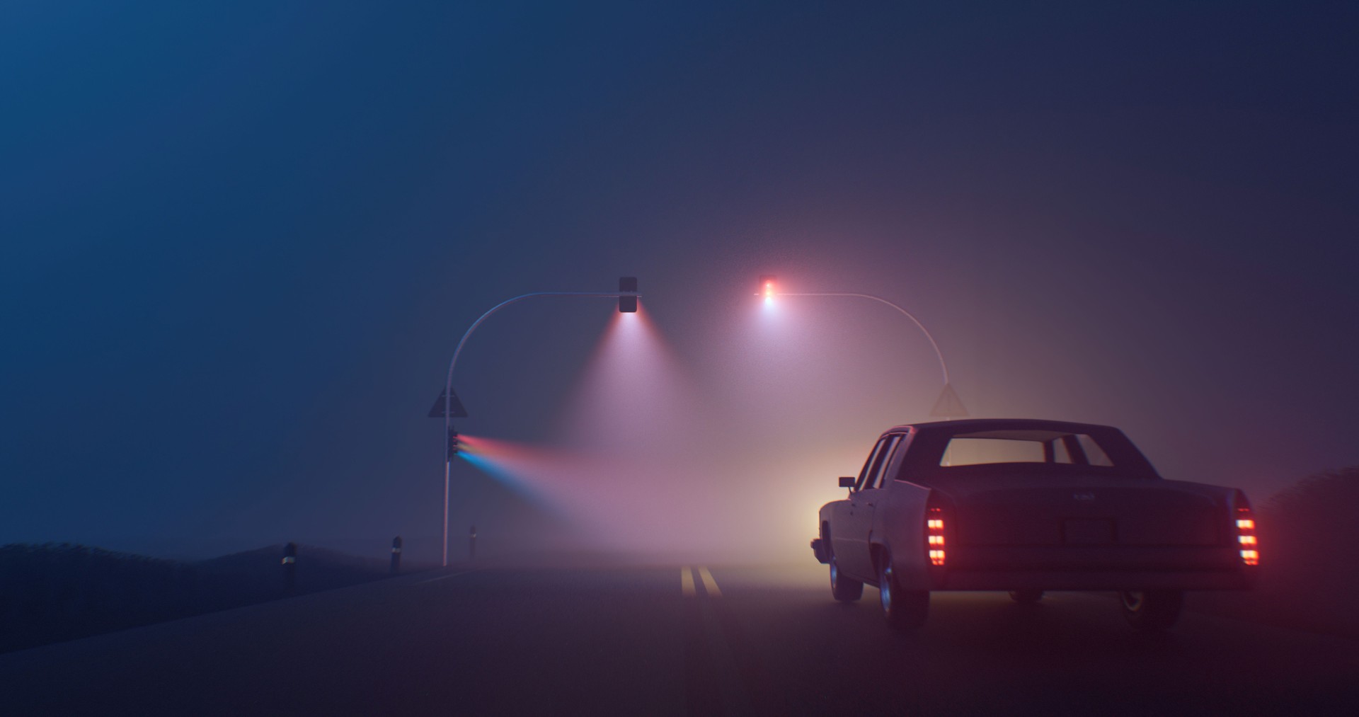 A car from the back in a darkness illuminated by purple light beams of traffic lights