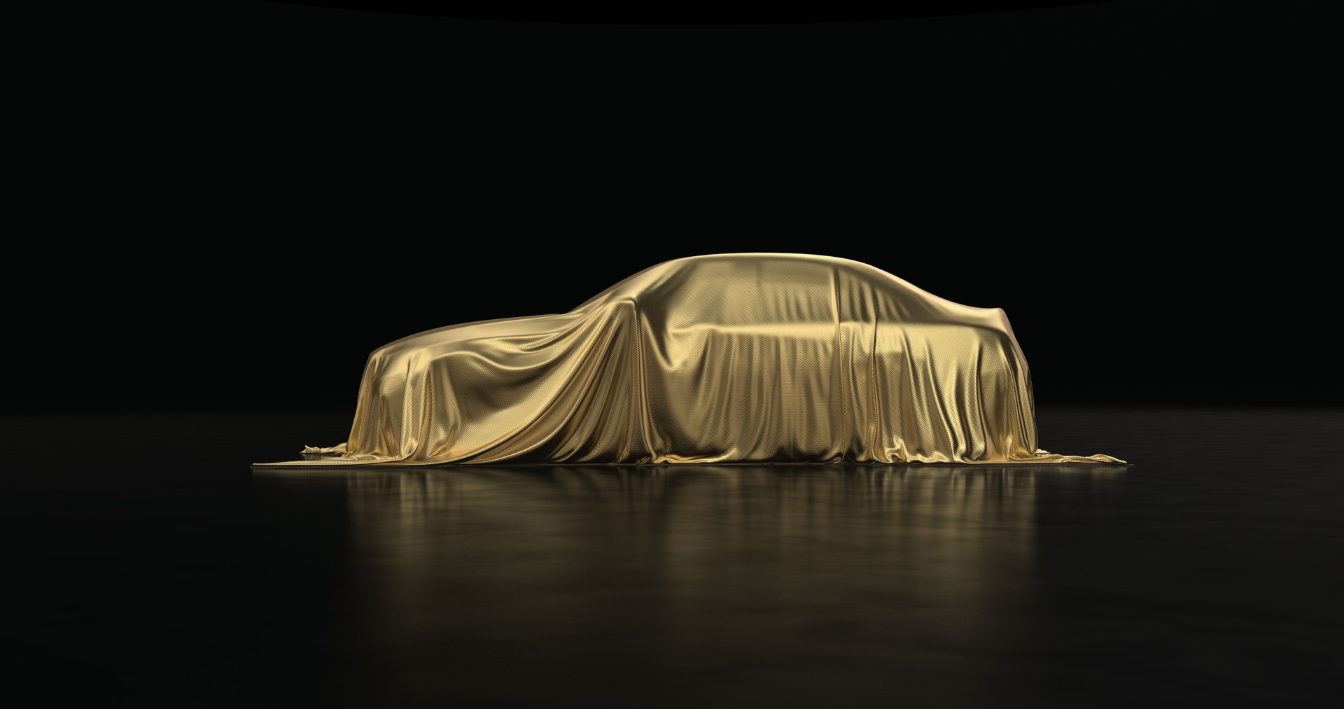 The luxury car is covered with a gold cloth on a black background.